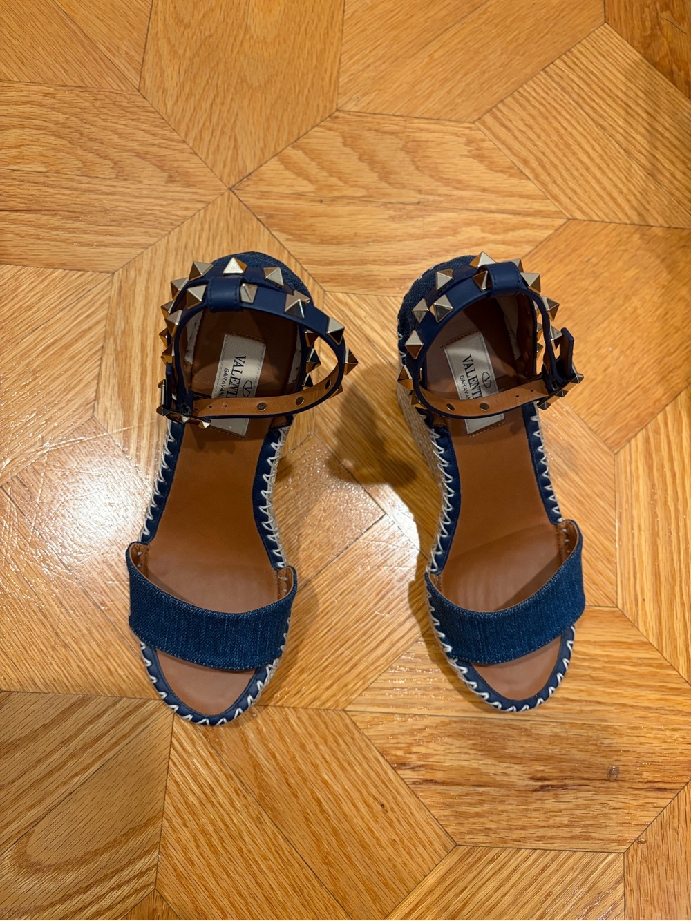 Valentino Garavani Denim Espadrille Wedge Sandals with Blue Studded Straps